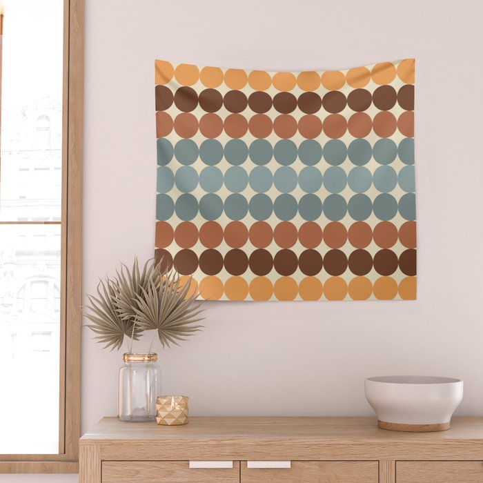 Dotty Stripes Retro Dot Pattern Muted Slate Blue Brown Orange Cream Beige Wall Tapestry Gallery Image 2