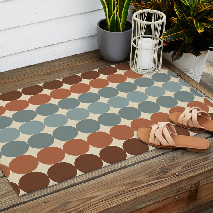 Dotty Stripes Retro Dot Pattern Muted Slate Blue Brown Orange Cream Beige Outdoor Rug Gallery Image 2