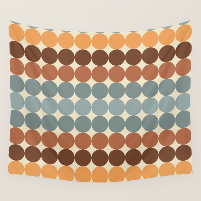 Dotty Stripes Retro Dot Pattern Muted Slate Blue Brown Orange Cream Beige Wall Tapestry Gallery Image 4