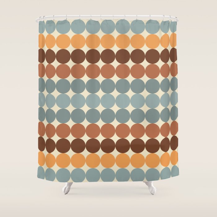 Dotty Stripes Retro Dot Pattern Muted Slate Blue Brown Orange Cream Beige Shower Curtain Gallery Image 1