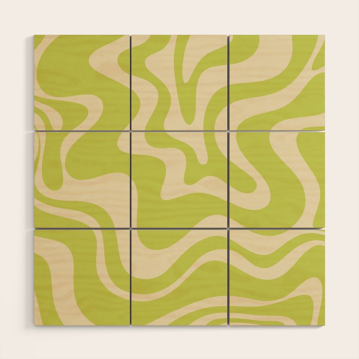 Retro Liquid Swirl Abstract Pattern 5 in Light Lime Linden Green and Beige Wood Wall Art Gallery Image 1