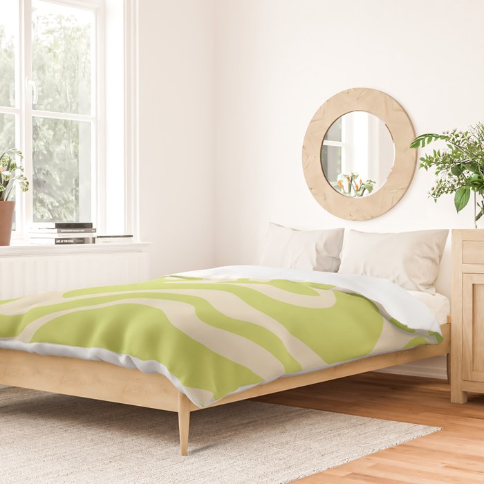 Retro Liquid Swirl Abstract Pattern 5 in Light Lime Linden Green and Beige Duvet Cover Gallery Image 2