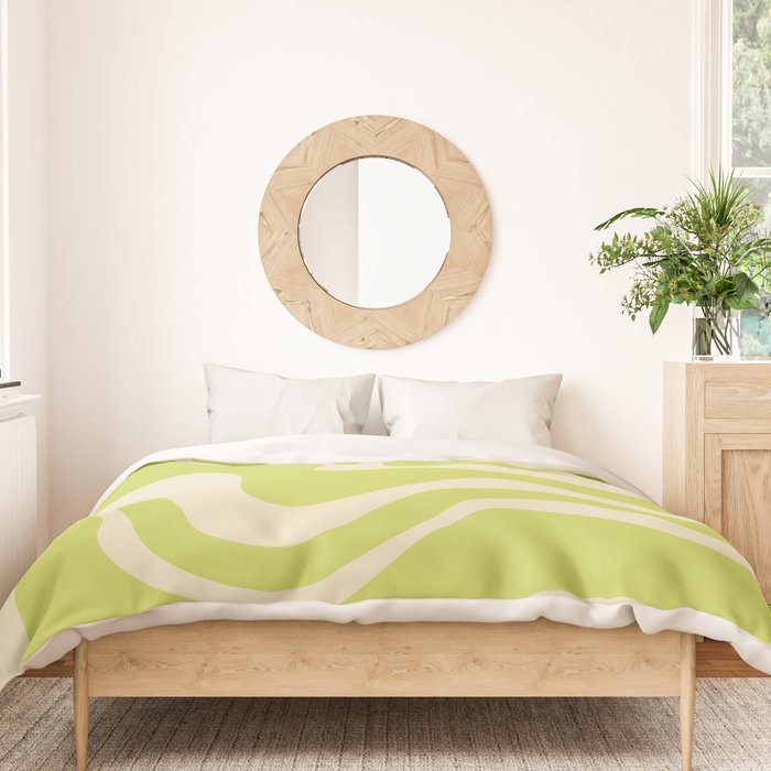 Retro Liquid Swirl Abstract Pattern 5 in Light Lime Linden Green and Beige Duvet Cover Gallery Image 3