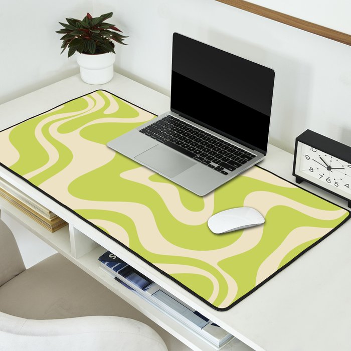 Retro Liquid Swirl Abstract Pattern 5 in Light Lime Linden Green and Beige Desk Mat Gallery Image 2