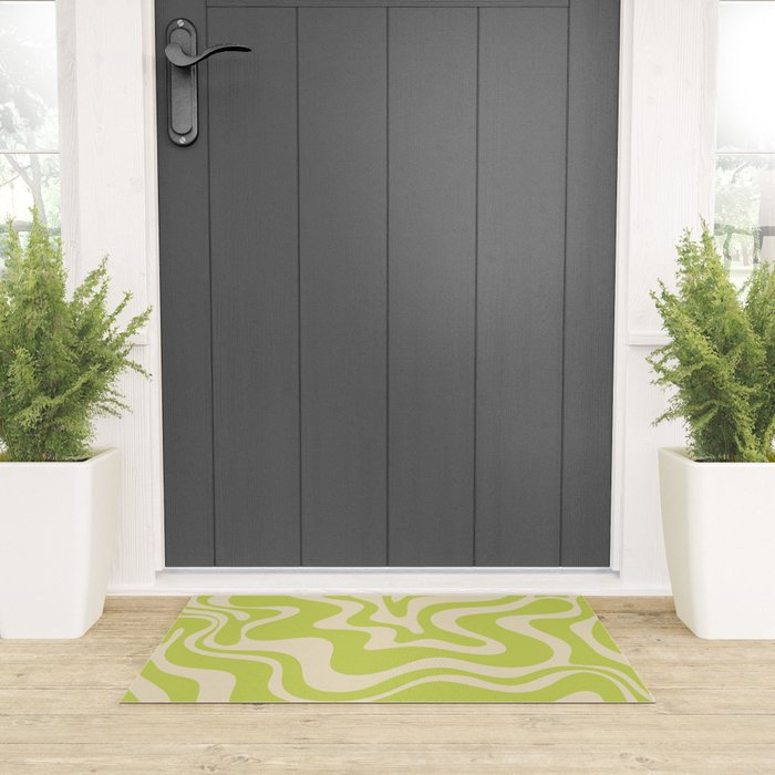 Retro Liquid Swirl Abstract Pattern 5 in Light Lime Linden Green and Beige Welcome Mat Gallery Image 3
