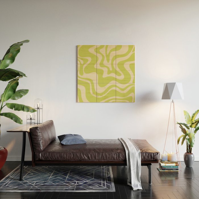 Retro Liquid Swirl Abstract Pattern 5 in Light Lime Linden Green and Beige Wood Wall Art Gallery Image 2