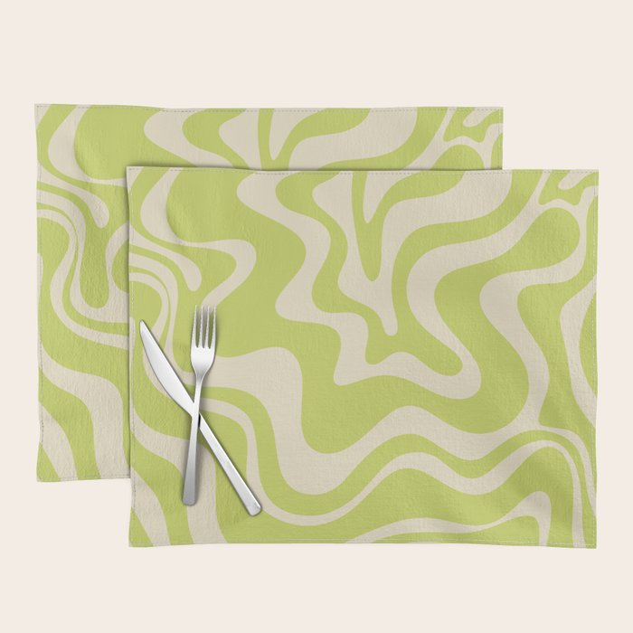 Retro Liquid Swirl Abstract Pattern 5 in Light Lime Linden Green and Beige Placemat Gallery Image 1