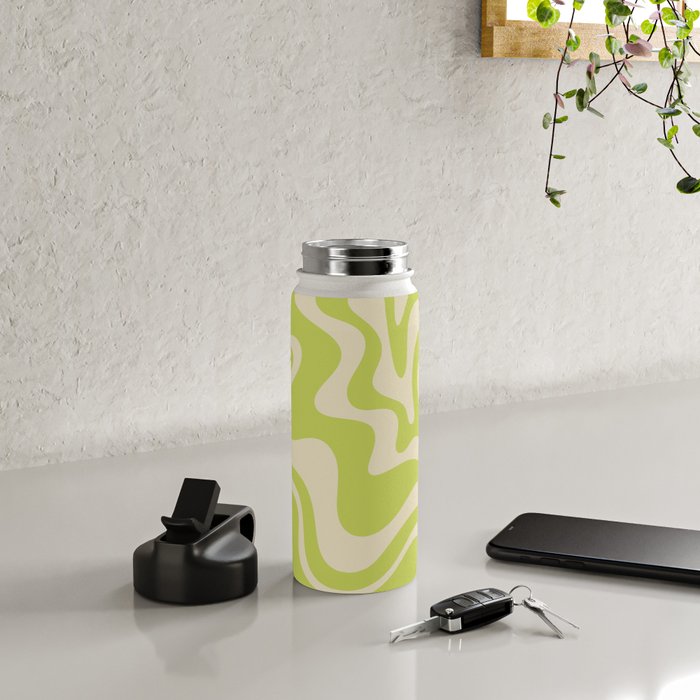 Retro Liquid Swirl Abstract Pattern 5 in Light Lime Linden Green and Beige Water Bottle Gallery Image 4