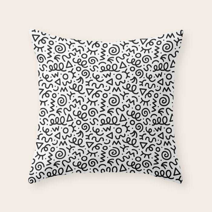 Fun black and white doodle art pattern Throw Pillow Gallery Image 1