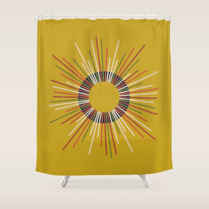 Mid Century Modern Sunburst Sun on Mustard Shower Curtain Gallery Image 1