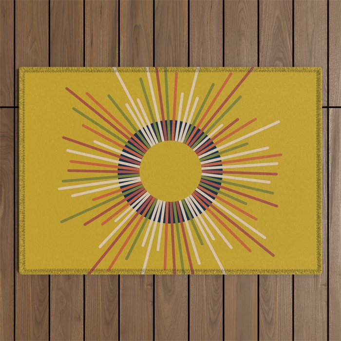 Mid Century Modern Sunburst Sun on Mustard Outdoor Rug Gallery Image 1