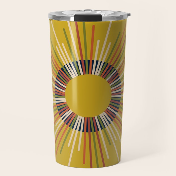 Mid Century Modern Sunburst Sun on Mustard Travel Mug Gallery Image 1