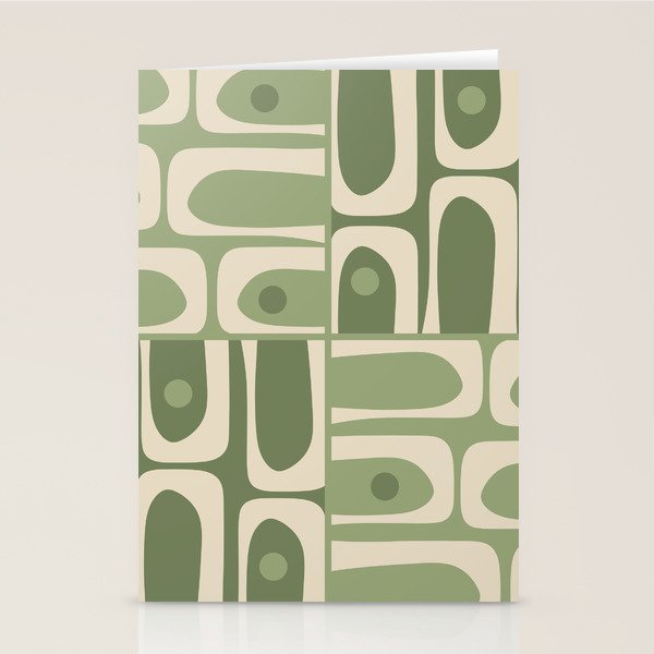 Mid Century Modern Piquet Multi Geometric Pattern in Mossy Sage Olive Green and Beige Stationery Card Gallery Image 1