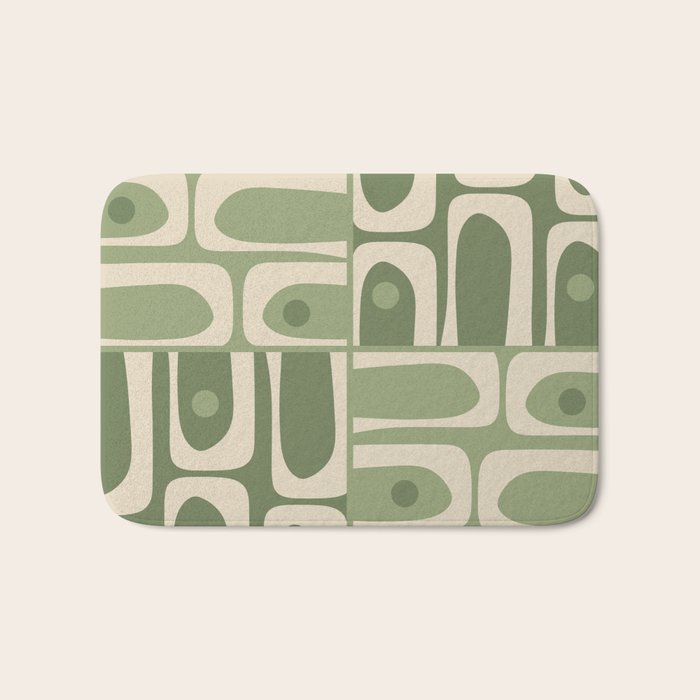 Mid Century Modern Piquet Multi Geometric Pattern in Mossy Sage Olive Green and Beige Bath Mat Gallery Image 1