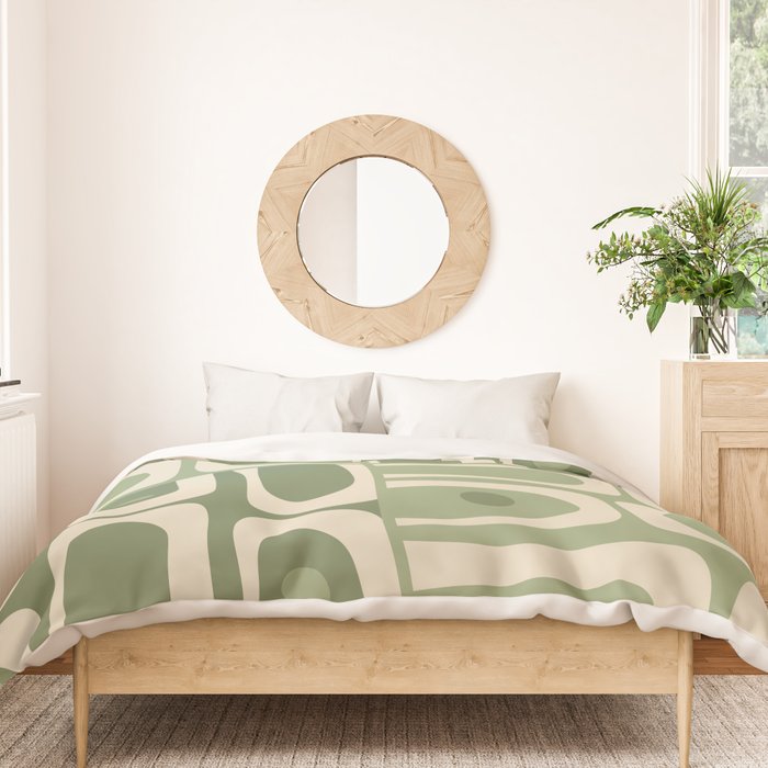 Mid Century Modern Piquet Multi Geometric Pattern in Mossy Sage Olive Green and Beige Duvet Cover Gallery Image 3