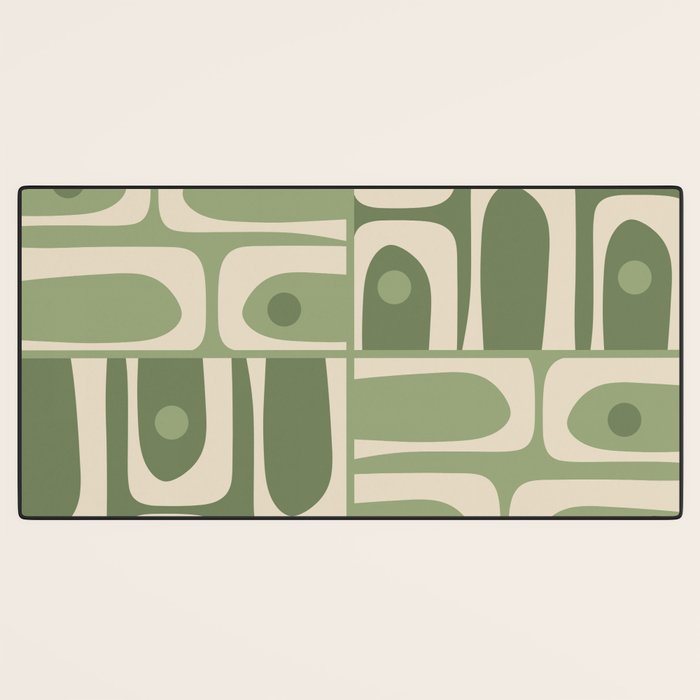 Mid Century Modern Piquet Multi Geometric Pattern in Mossy Sage Olive Green and Beige Desk Mat Gallery Image 3