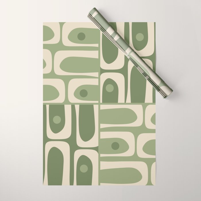 Mid Century Modern Piquet Multi Geometric Pattern in Mossy Sage Olive Green and Beige Wrapping Paper Gallery Image 1