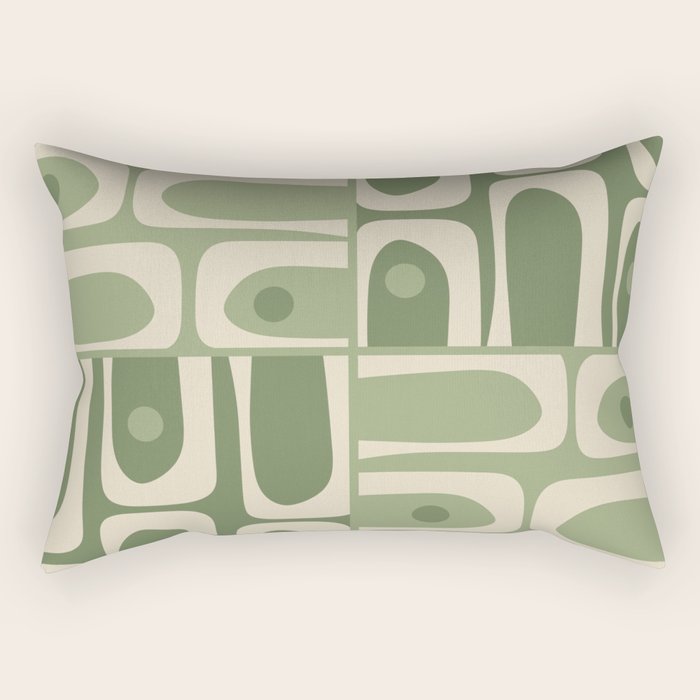 Mid Century Modern Piquet Multi Geometric Pattern in Mossy Sage Olive Green and Beige Rectangular Pillow Gallery Image 2
