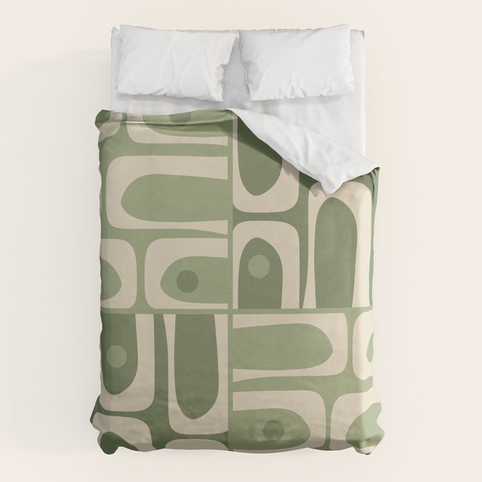 Mid Century Modern Piquet Multi Geometric Pattern in Mossy Sage Olive Green and Beige Duvet Cover Gallery Image 6