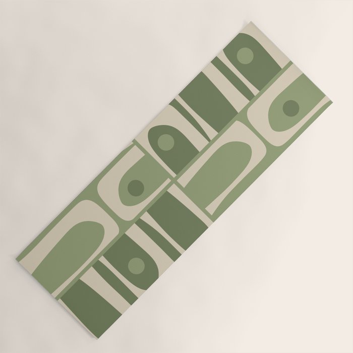 Mid Century Modern Piquet Multi Geometric Pattern in Mossy Sage Olive Green and Beige Yoga Mat Gallery Image 1