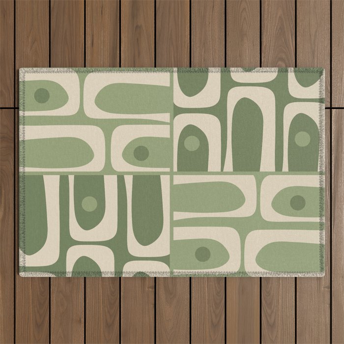 Mid Century Modern Piquet Multi Geometric Pattern in Mossy Sage Olive Green and Beige Outdoor Rug Gallery Image 1