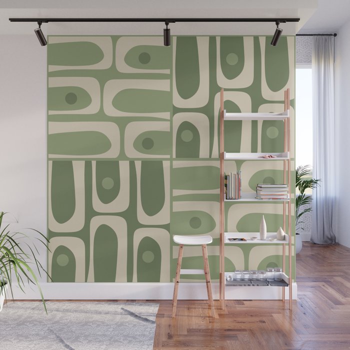 Mid Century Modern Piquet Multi Geometric Pattern in Mossy Sage Olive Green and Beige Wall Mural Gallery Image 1