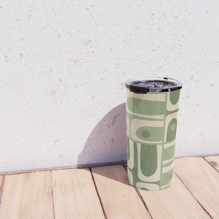 Mid Century Modern Piquet Multi Geometric Pattern in Mossy Sage Olive Green and Beige Travel Mug Gallery Image 4