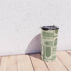 Mid Century Modern Piquet Multi Geometric Pattern in Mossy Sage Olive Green and Beige Travel Mug Gallery Image 4