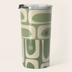 Mid Century Modern Piquet Multi Geometric Pattern in Mossy Sage Olive Green and Beige Travel Mug Gallery Image 3