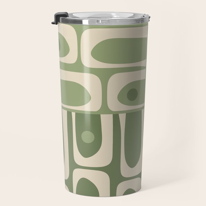Mid Century Modern Piquet Multi Geometric Pattern in Mossy Sage Olive Green and Beige Travel Mug Gallery Image 3
