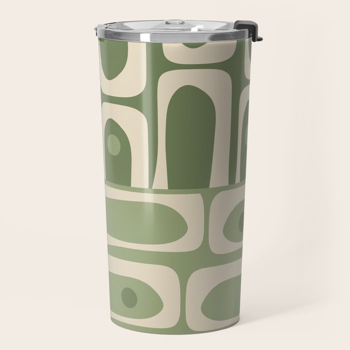 Mid Century Modern Piquet Multi Geometric Pattern in Mossy Sage Olive Green and Beige Travel Mug Gallery Image 2