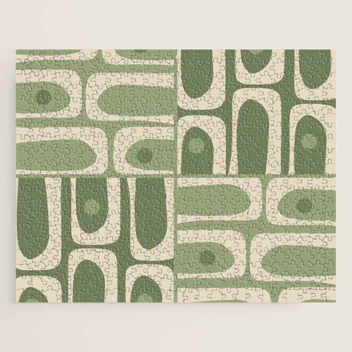 Mid Century Modern Piquet Multi Geometric Pattern in Mossy Sage Olive Green and Beige Jigsaw Puzzle Gallery Image 1