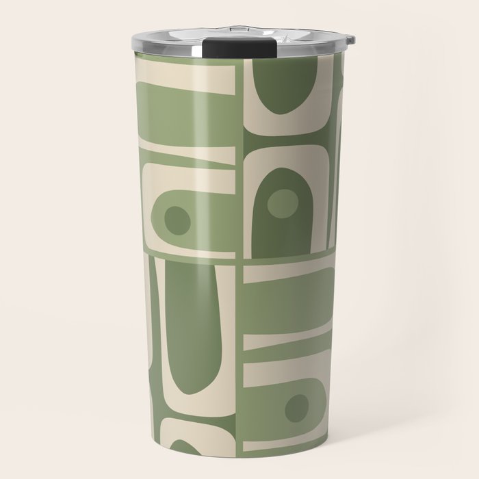 Mid Century Modern Piquet Multi Geometric Pattern in Mossy Sage Olive Green and Beige Travel Mug Gallery Image 1