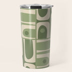 Mid Century Modern Piquet Multi Geometric Pattern in Mossy Sage Olive Green and Beige Travel Mug Gallery Image 1