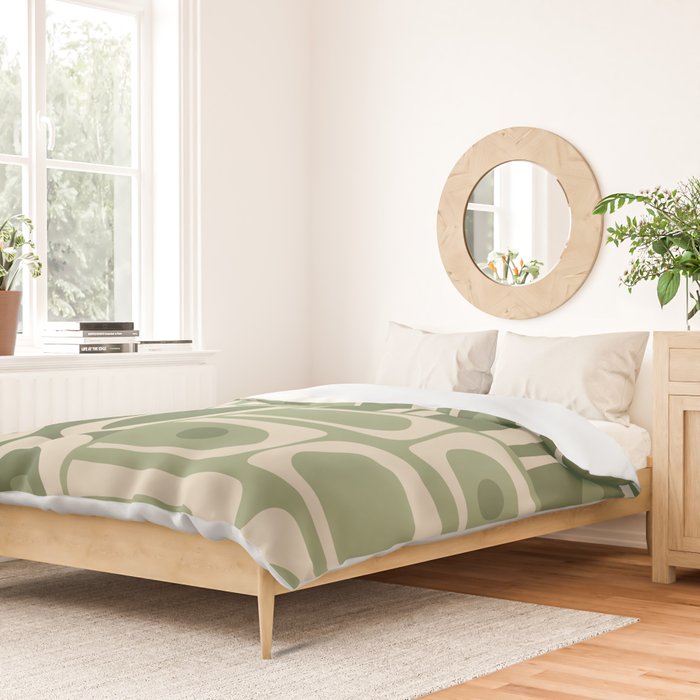 Mid Century Modern Piquet Multi Geometric Pattern in Mossy Sage Olive Green and Beige Duvet Cover Gallery Image 2
