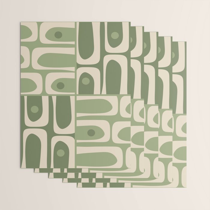 Mid Century Modern Piquet Multi Geometric Pattern in Mossy Sage Olive Green and Beige Wrapping Paper Gallery Image 3