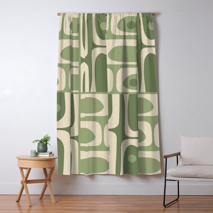 Mid Century Modern Piquet Multi Geometric Pattern in Mossy Sage Olive Green and Beige Window Curtain Gallery Image 5
