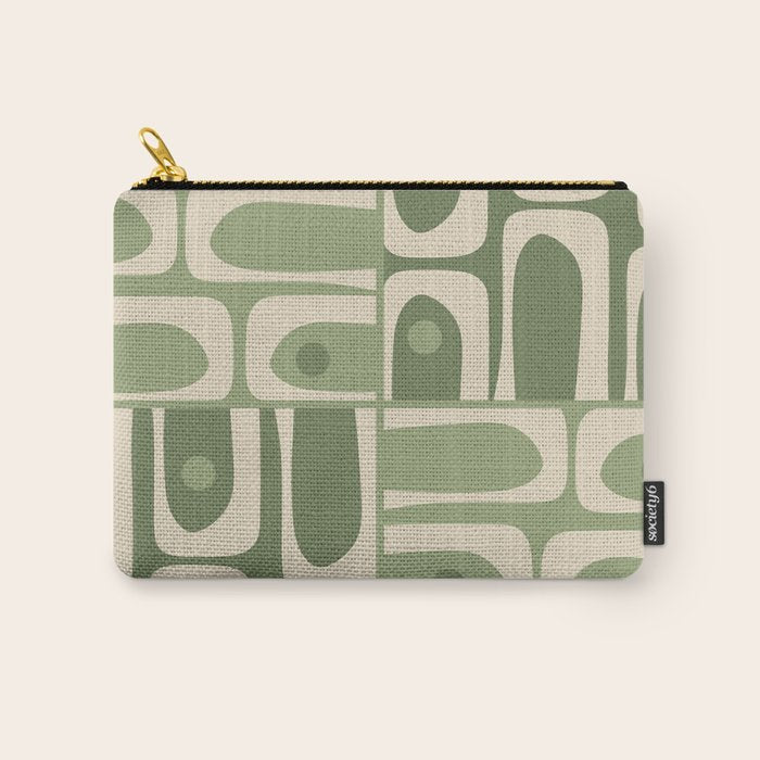 Mid Century Modern Piquet Multi Geometric Pattern in Mossy Sage Olive Green and Beige Carry All Pouch Gallery Image 1