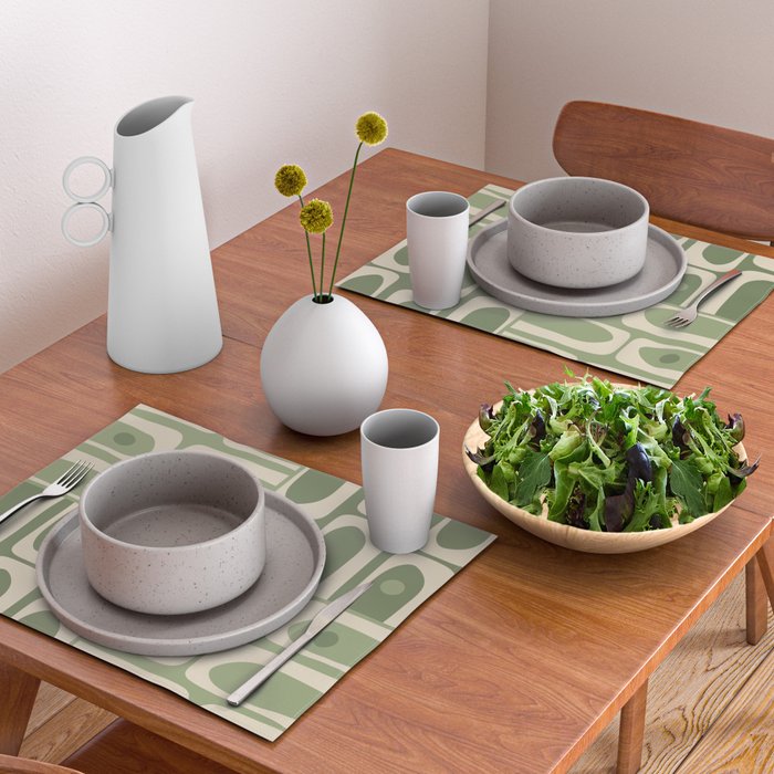 Mid Century Modern Piquet Multi Geometric Pattern in Mossy Sage Olive Green and Beige Placemat Gallery Image 2