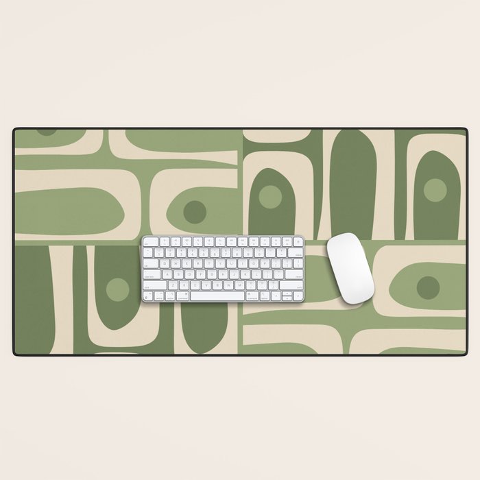 Mid Century Modern Piquet Multi Geometric Pattern in Mossy Sage Olive Green and Beige Desk Mat Gallery Image 1