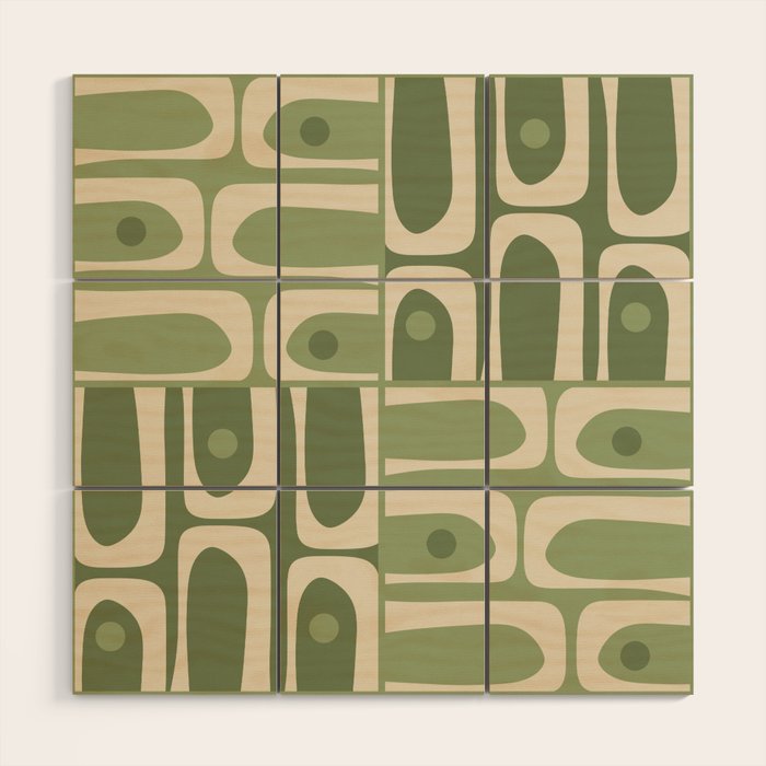 Mid Century Modern Piquet Multi Geometric Pattern in Mossy Sage Olive Green and Beige Wood Wall Art Gallery Image 1
