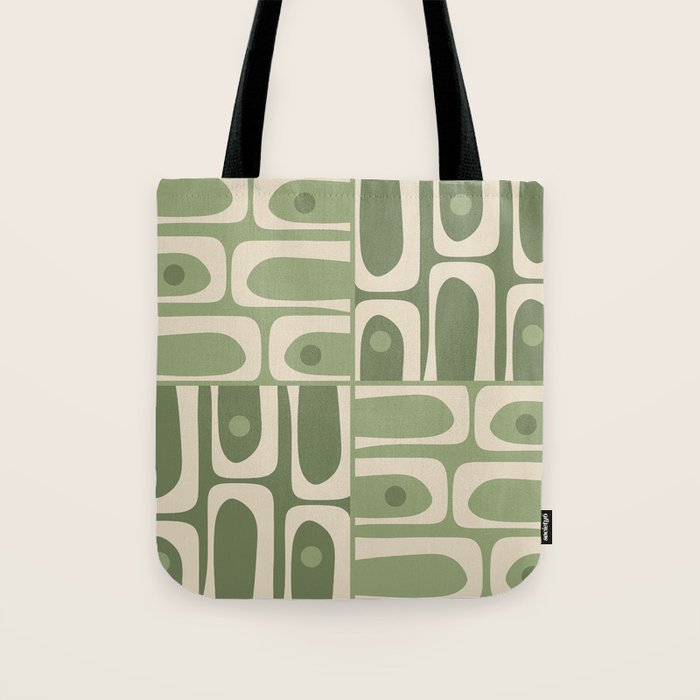 Mid Century Modern Piquet Multi Geometric Pattern in Mossy Sage Olive Green and Beige Tote Bag Gallery Image 1