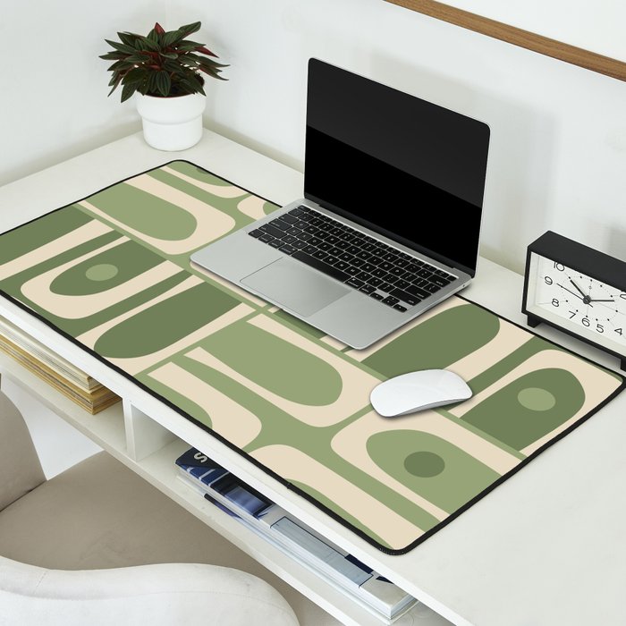 Mid Century Modern Piquet Multi Geometric Pattern in Mossy Sage Olive Green and Beige Desk Mat Gallery Image 2