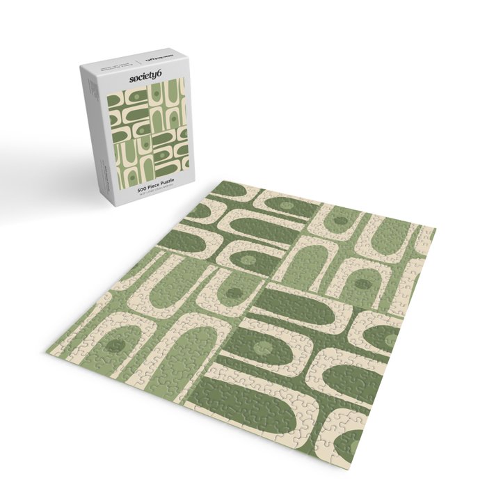 Mid Century Modern Piquet Multi Geometric Pattern in Mossy Sage Olive Green and Beige Jigsaw Puzzle Gallery Image 2