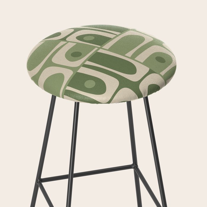 Mid Century Modern Piquet Multi Geometric Pattern in Mossy Sage Olive Green and Beige Stool Gallery Image 2