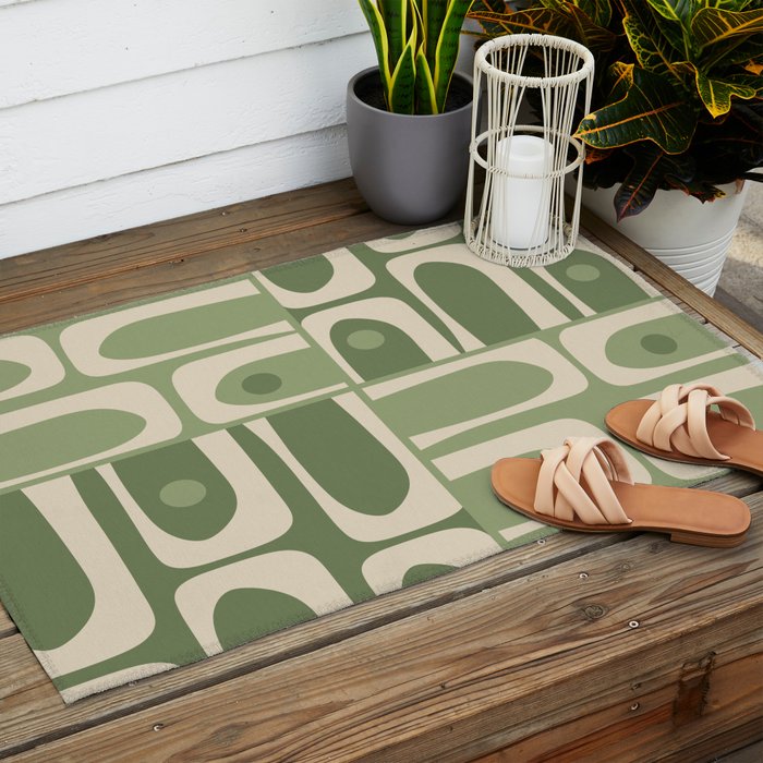 Mid Century Modern Piquet Multi Geometric Pattern in Mossy Sage Olive Green and Beige Outdoor Rug Gallery Image 2