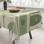 Mid Century Modern Piquet Multi Geometric Pattern in Mossy Sage Olive Green and Beige Tablecloth Gallery Image 3