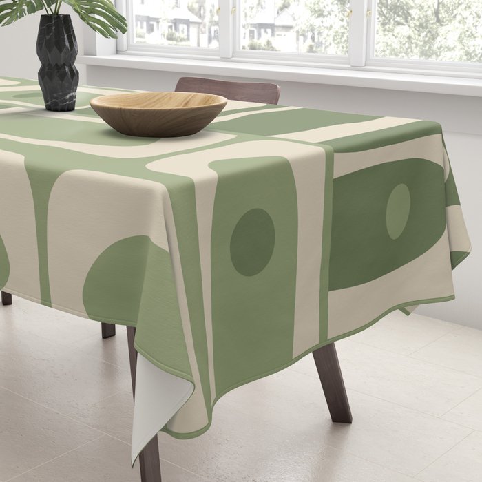 Mid Century Modern Piquet Multi Geometric Pattern in Mossy Sage Olive Green and Beige Tablecloth Gallery Image 3