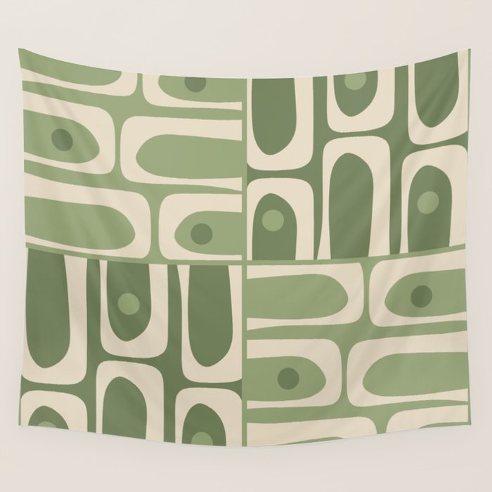 Mid Century Modern Piquet Multi Geometric Pattern in Mossy Sage Olive Green and Beige Wall Tapestry Gallery Image 4