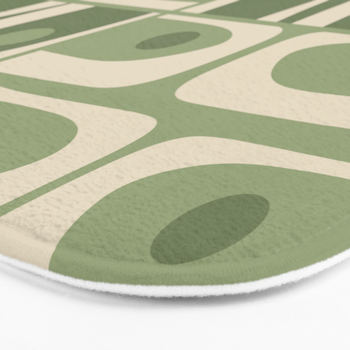 Mid Century Modern Piquet Multi Geometric Pattern in Mossy Sage Olive Green and Beige Bath Mat Gallery Image 3